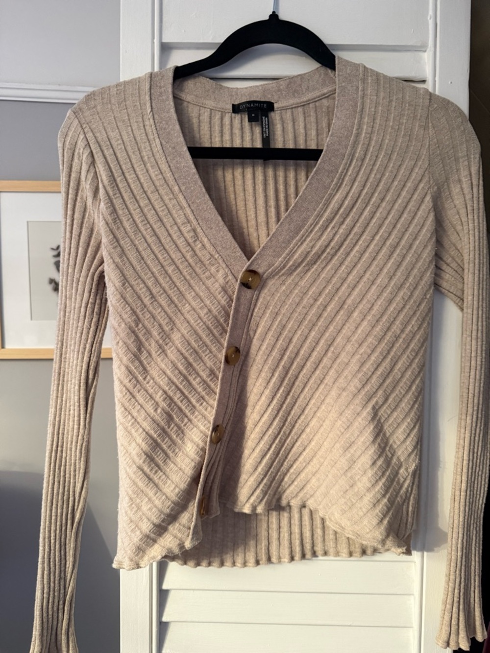 Dynamite Light Beige Ribbed V-Neck Asymmetrical Button Cardigan